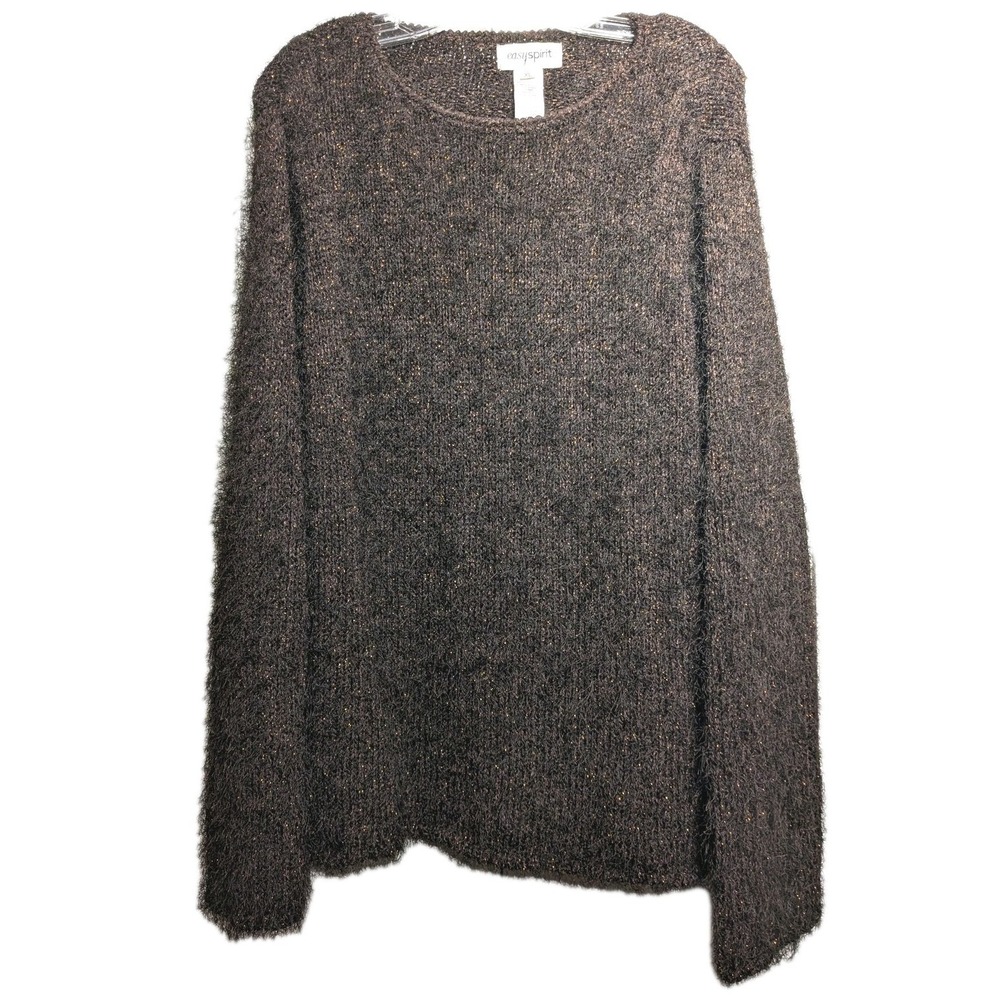 Vtg Easyspirit Sweater Women XL Brown Fuzzy Eyelash Knit Pullover Hong Kong EUC